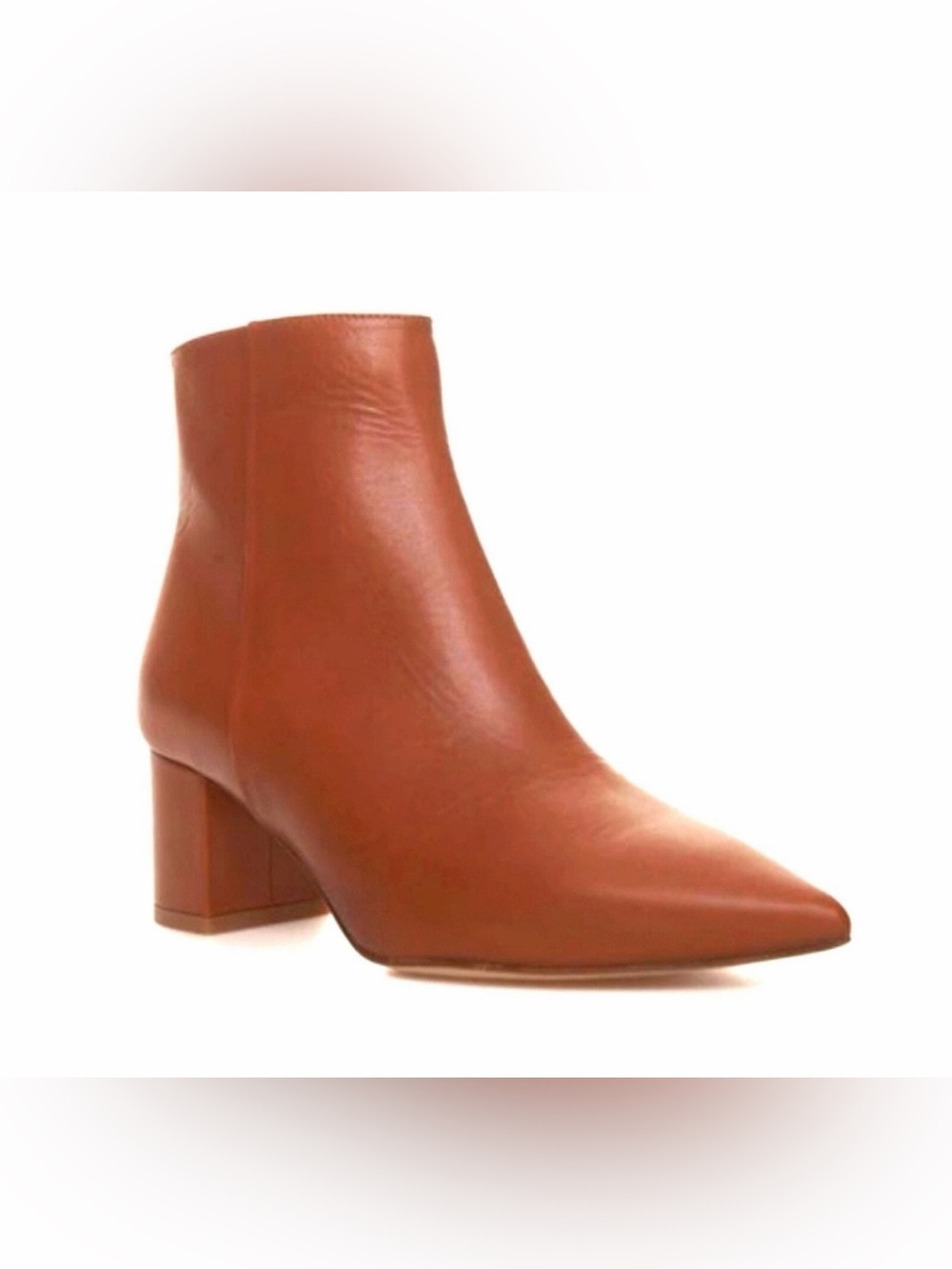 L'AGENCE Cognac Leather Pointed-Toe Block Heel Ankle Boot Jeanne